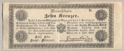 1849. 10Kr "K. K. Hauptmünzamt Münzschein" T:II-