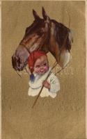 Horse, baby, Italian art postcard