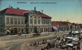 Jászberény Apponyi tér, városháza, Lengyel I. Flóris, Lefkovits S. Sámuel üzletei, húscsarnok, piac (EK)