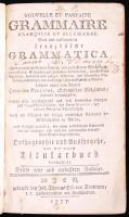 Peplier: Nouvelle et parfaite grammaire francoise et allemande. Neue und volkommene frazösische Grammatica. Dritte neue und verbesserte Auflage. Wien, 1777, gedruckt bey Joh. Thomas Edl. von Trattnern. Korabeli bordázott, dombornyomott, aranyozott gerincű egészbőr kötésben, festett lapszélekkel, a címlapon és az előzéklapon szerzői bejegyzéssel. A kötés szélei és sarkai erősen kopottak