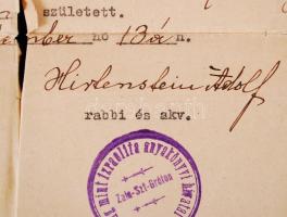 1938 A Zalaszentgróti rabbihivatal által kibocsájtott születési bizonyítvány, Hirtenstein Adolf rabb...