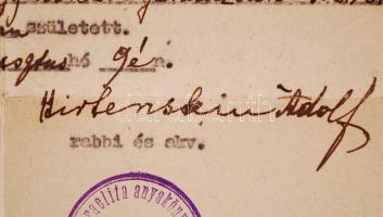 1938 A Zalaszentgróti rabbihivatal által kibocsájtott születési bizonyítvány, Hirtenstein Adolf rabb...
