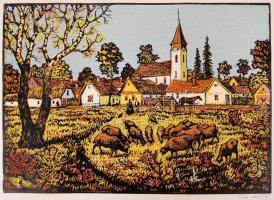 Réti Mátyás (1922-2002):Falu legelésző juhokkal, színes linó metszet, jelzett 40x30cm