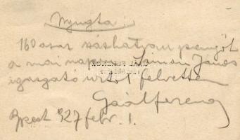 1927 Gál Ferencz festőművész nyugtája és aláírása névjegykártyáján