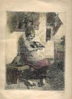 Galambot etető kislányt ábrázoló rajz Maray aláírással