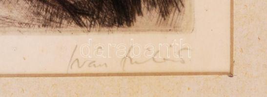 Iván Szilárd (1912-1988): Kisfiú az asztalnál. Rézkarc, papír, jelzett, üvegezett keretben, 12×10 cm