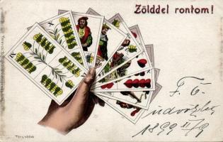 1899 Hungarian card, Zölddel rontom! litho (fa)