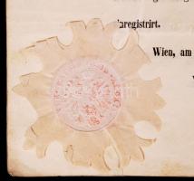 1864 Privilégiumlevél pesti gyufagyár részére kétszer megerősítve / 
1864 Letter of privileges in Pe...