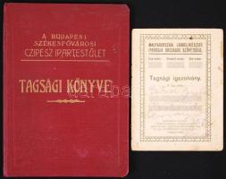 1930 Cipész ipartestület tagsági könyv + Magyarországi lábbeli készítő iparosok országos szövetsége tagsági igazolvány