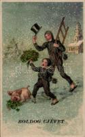 New Year, chimney sweepers, pig, litho