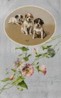 Dogs, flower, metallic, litho