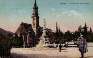 Bolzano Walter square with church, saluting soldier, tram