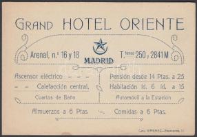 cca 1920 Grand Hotel Oriente Madrid, reklámos lap