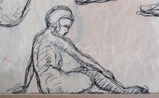 Kernstok Károly (1873-1940): Női akt tanulmányok. Tus, papír, jelzett, üvegezett keretben, 28×36 cm