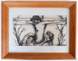 Macskássy Izolda (1945-): Krisztus a kereszten. Vegyes technika, selyem kartonra kasírozva, üvegezett keretben, 34×20 cm
