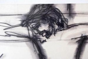 Macskássy Izolda (1945-): Krisztus a kereszten. Vegyes technika, selyem kartonra kasírozva, üvegezet...