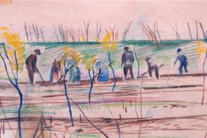 Bornemissza Géza (1884-1966): Kapálók a földeken. Vegyes technika, karton, jelzett, paszpartuban, fo...