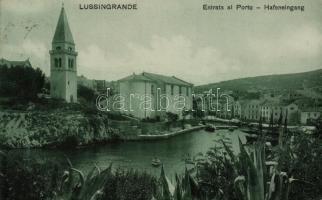 Veli Losinj, entrance of the port, ships, church