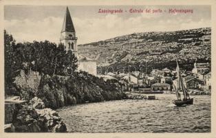 Veli Losinj, entrance of the port, ship, church