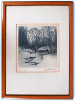 Olgyai Viktor (1870-1929): Téli erdő. Rézkarc, papír, jelzett, üvegezett keretben, 24×22 cm