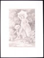 Udvary Géza (1872-1932): Udvarlás. Ceruza, papír, jelzett, paszpartuban, 24×17 cm