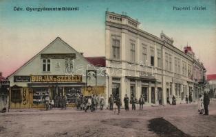 Gyergyószentmiklós Piactér, Burján és Székely könyvnyomdája, ifj. Berkovits Lázár üzlete / market place, shops