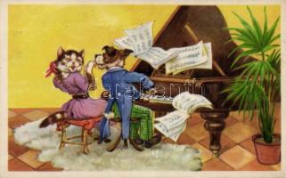 Dog and cat, playing the piano