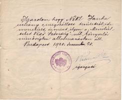 1920 Menekülteket Védő Szövetség munkáltatói igazolása