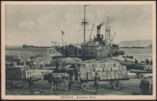 Messina port with steam ship, ox cart