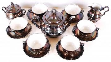 1918-1929 Komplett, ezüstözött, jelzett Arzbergi Schumann porcelán teáskészlet. Teás kancsó, cukorta...