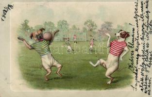 Dogs, playing football, litho