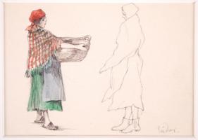 Zádor István (1882-1963): Asszonyok tanulmány. Színes ceruza, papír, jelzett, paszpartuban, 9×13 cm