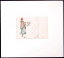 Zádor István (1882-1963): Asszonyok tanulmány. Színes ceruza, papír, jelzett, paszpartuban, 9×13 cm