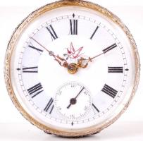 cca 1880-1890 Növényi arabeszkkel díszített, ezüst (Ag) tokos, kulcsos zsebóra 800-as tisztaságú svá...