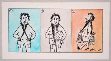 Schwott Lajos (1906?-1987): 9 db karikatúra. Akvarell, papír, jelzett, 11×13 cm