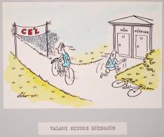 Schwott Lajos (1906?-1987): 9 db karikatúra. Akvarell, papír, jelzett, 11×13 cm