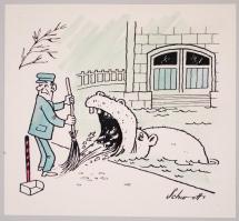 Schwott Lajos (1906?-1987): 9 db karikatúra. Akvarell, papír, jelzett, 11×13 cm