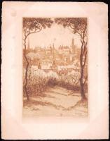 Conrad Gyula (1877-1959): Budavár tornyai. Rézkarc, papír, jelzett, 22×14 cm