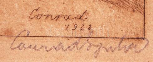 Conrad Gyula (1877-1959): Budavár tornyai. Rézkarc, papír, jelzett, 22×14 cm