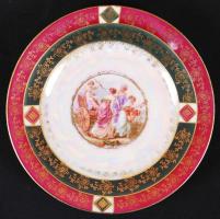 Mitológiai jelenettel díszített, matricás, aranyozott, jelzett Victoria porcelán tálka /  Victoria porcelain plate with mythological scene and gold plated decoration, d: 16cm