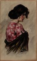 Lady, hand painted postcard, artist signed