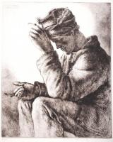 Komjáti Wanyerka Gyula (1894 - 1958): Gondolkodó. Rézkarc 65/15, papír, jelzett, 25×20 cm