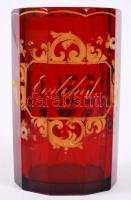 Emlék nagy pohár, rubin vörös, kézzel festett, hibátlan, m:14 cm