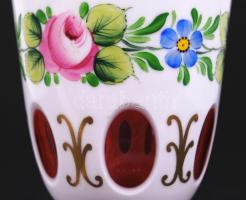 Emlék pohár, több rétegű, metszett, kézzel festett, hibátlan, m:13 cm