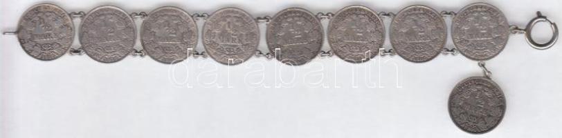 Német Birodalom 1905-1915A 1/2M Ag (9x) karkötőként összefűzve T:vegyes German Reich 1905-1915A 1/2 Mark Ag (9x) coins on bracelet C:mixed