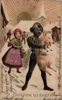 New Year, pig, chimney sweeper Emb. litho (EK)