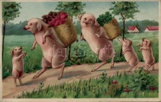 New Year, pig family, litho