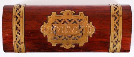 Cigarettás doboz, nemes fa, réz veretekkel, kulcs nélkül, h:27 cm, m:7 cm