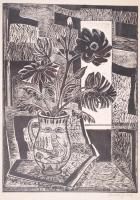Bordás Ferenc (1911-1982): Csendélet. Linómetszet, jelzett, üvegezett keretben, 63x45 cm
