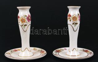 Kézzel festett, búzavirágokkal  és pillangókkal díszített, hibátlan, jelzett, Zsolnay porcelán gyertyatartó pár, aranyozott szegéllyel / Hand painted, marked, Zsolnay porcelain candlestick pair, with gold plated 15cm